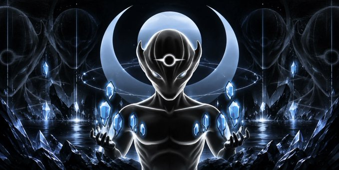 Digital fantasy artwork of a hooded, shadowy figure with glowing eyes standing before a crescent moon, surrounded by floating blue crystals.