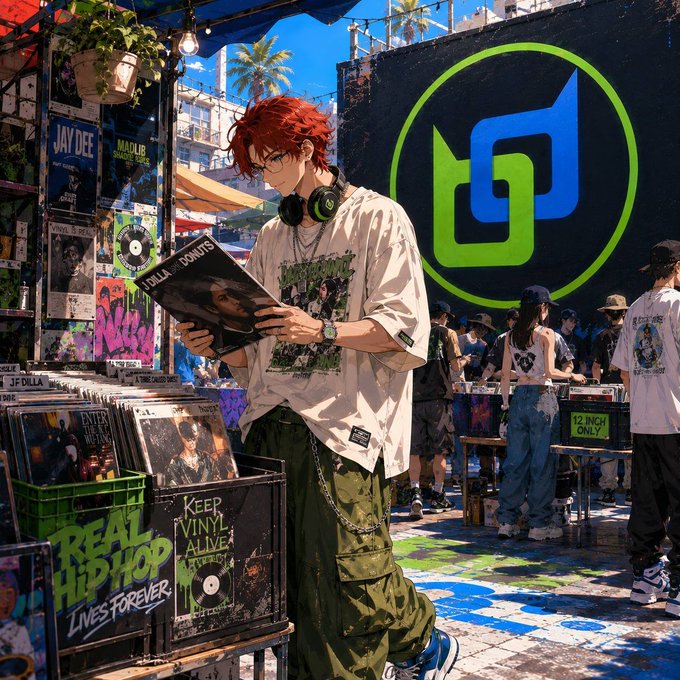 An anime-style illustration of a red-haired youth with headphones and a 'REAL HIP HOP LIVES FOREVER' shirt browsing vinyl records at an outdoor record stall, with a large blue and green 'd' logo in the background.
