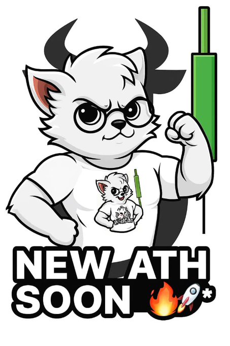 A muscular white cat character with black horns flexes beside a green candlestick chart, wearing a shirt featuring a smaller version of itself labeled "Wikicat," with bold text below reading "NEW ATH SOON" alongside fire and rocket emojis—visually reinforcing the post's hype about Wikicat Coin ($WKC) anticipating a new all-time high.