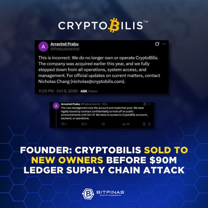 **Image 5**: A CryptoBilis/BitPinas news graphic featuring tweets from founder Arravind Prabu clarifying that CryptoBilis was acquired and he no longer manages the company, with the headline 'FOUNDER: CRYPTOBILIS SOLD TO NEW OWNERS BEFORE $90M LEDGER SUPPLY CHAIN ATTACK'.