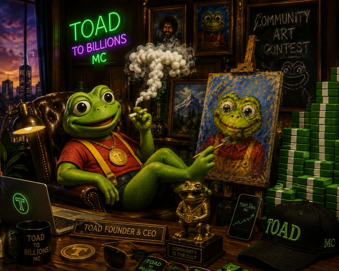 An AI-generated image themed around the "TOAD TO BILLIONS MC" memecoin, showing a cartoon frog CEO smoking a cigar, wearing gold chains, sitting in a leather chair next to a frog painting, surrounded by stacks of cash and merchandise.