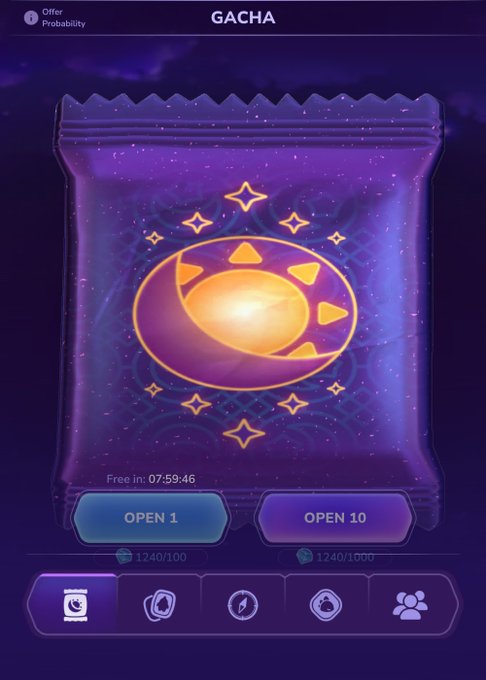 Screenshot of a mobile game 'GACHA' interface showing a purple cosmic-themed summon pack with 'OPEN 1' and 'OPEN 10' buttons and a free timer counting down from 07:59:46.