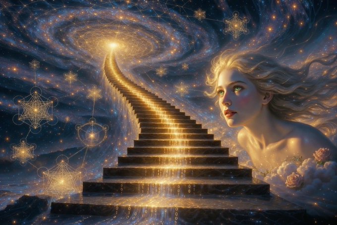 The image features a woman with blonde hair, who appears to be looking down at something or someone behind her. She is standing on a staircase that leads up into space, giving the impression of an upward journey. The background of the image is filled with stars and other celestial elements, creating a sense of depth and wonder. The post in question seems to be inspired by this artwork, as it uses the same color palette and style to describe the scene.