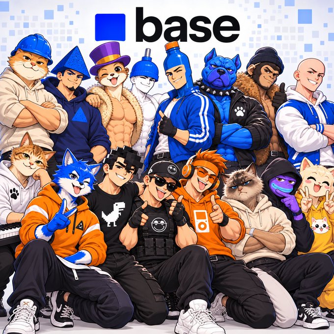 A diverse group of furry and human characters pose together in an anime-style illustration beneath the "base" logo, embodying the crypto community's meme culture with their playful, varied personas. The eclectic mix of characters—including a dog in a top hat, a blue feline, and figures making peace signs—visually reinforces the "Base is for memes" message by showcasing the fun, creative spirit of the community.