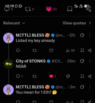 A screenshot of an X (formerly Twitter) social media feed showing a thread from the verified account 'METTLE BLESS', discussing selling a key for '1 Eth' (Ethereum), responding to the 'City of STONKS' account.