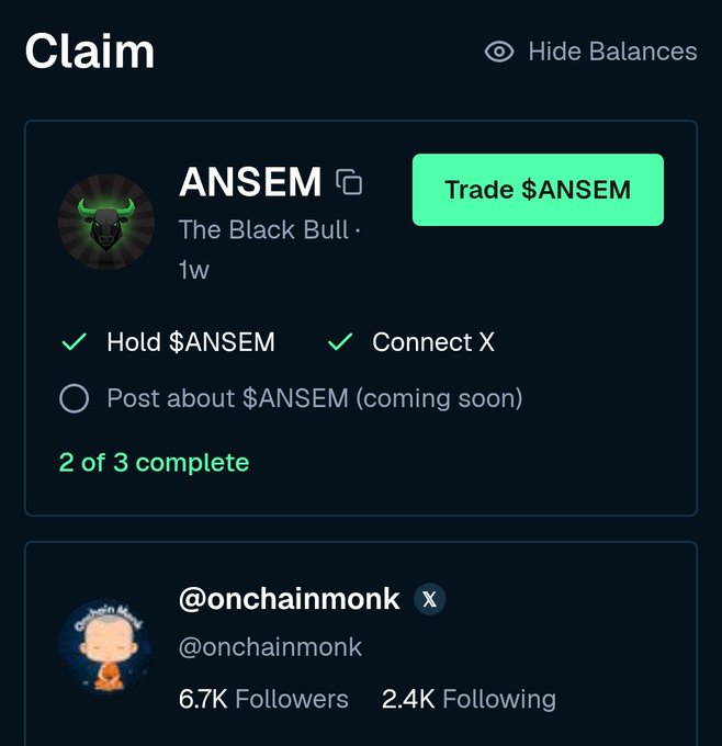 The image shows a "Claim" page on a platform with a profile for "ANSEM - The Black Bull" featuring a $ANSEM token, showing "2 of 3 complete" with completed tasks to "Hold $ANSEM" and "Connect X," while "Post about $ANSEM (coming soon)" remains unchecked. Below, it displays the Twitter profile of @onchainmonk with 6.7K followers and 2.4K following, supporting the post's reference to Monk claiming $ANSEM and noting Bullpenfi's growing mindshare.