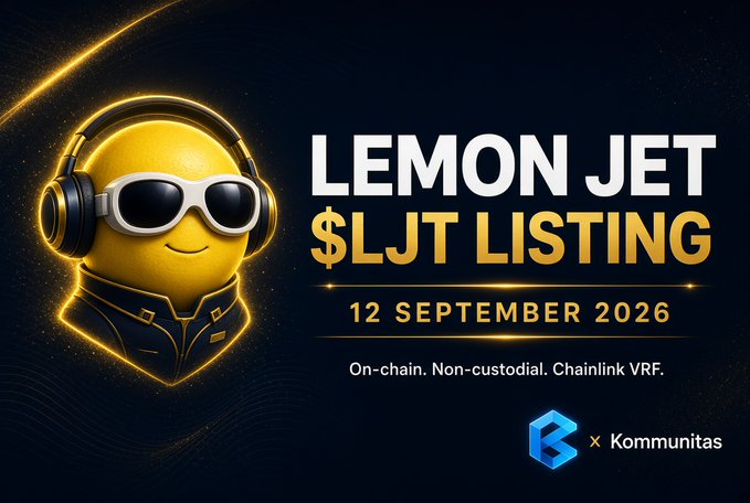 Promotional graphic for the 'Lemon Jet $LJT Listing' on 12 September 2026, featuring a yellow lemon character wearing headphones and white sunglasses, partnering with Kommunitas.
