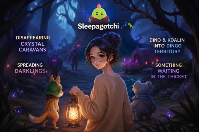 A promotional image titled 'Sleepagotchi' featuring a young woman with glasses holding a lantern alongside a fox and a koala character, with text reading 'DISAPPEARING CRYSTAL CARAVANS', 'SPREADING DARKLINGS', 'DINO & KOALIN INTO DINGO TERRITORY', and 'SOMETHING WAITING IN THE THICKET'.