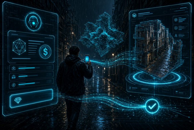 A man stands on a rainy city street holding a glowing blue smartphone, viewing a futuristic holographic interface featuring a cube made of light particles and digital UI panels.