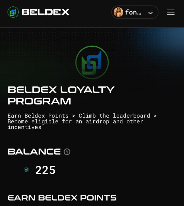 A screenshot of the 'BELDEX LOYALTY PROGRAM' webpage showing a balance of '225' Beldex Points with text about earning points for an airdrop.