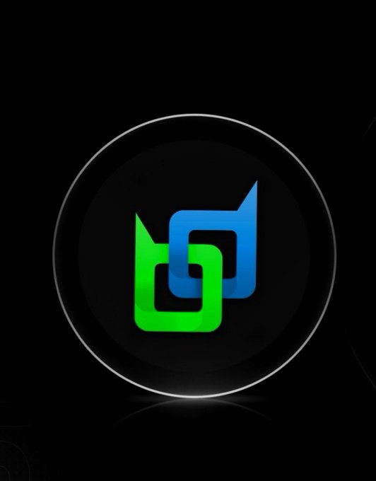 A logo consisting of interlocking blue and green angular shapes inside a circular badge on a black background.