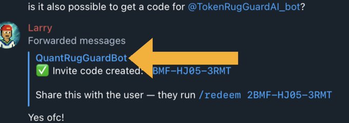 A screenshot of a Telegram message from QuantRugGuardBot showing an invite code created: "BMF-HJ05-3RMT", with an orange arrow pointing to the bot name.