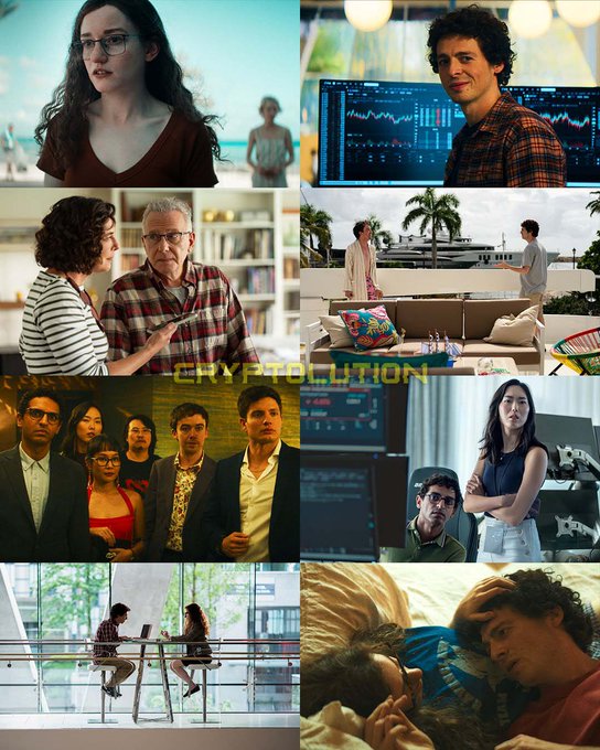 A collage of various scenes with the text "CRYPTOL.LUTION" overlaid, showing characters in different settings including office environments, outdoor locations, and a trading screen background.