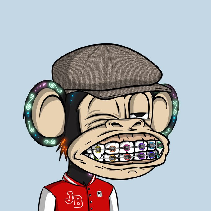A digital illustration of a cartoon monkey character wearing a flat cap and a red varsity jacket with 'JB' embroidered on it, featuring colorful jeweled braces.