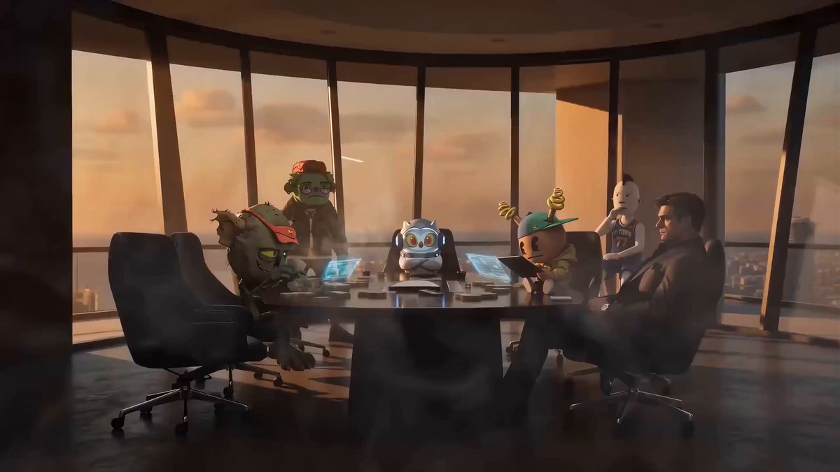 A boardroom scene at sunset features a mix of animated characters and a live-action man gathered around a conference table with laptops. The image relates to the post "ultimate edition ftw" by parodying the gritty tone of the RoboCop franchise, with the human figure resembling Peter Weller's character surrounded by cartoonish, mascot-like beings in a corporate setting.