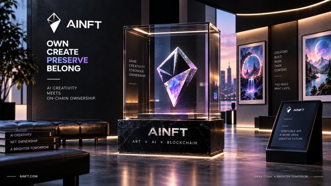 A promotional banner for 'AINFT' featuring the tagline 'OWN CREATE PRESERVE BELONG' with a glowing purple diamond display case and framed digital art on the walls.