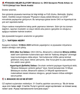 This image appears to be an article titled "What's Happening in the Market? The Behind-the-Scenes of the Binance vs. OKX War and the Technical Analysis of the '10/10 Crash'". It discusses a dispute between Binance and OKX regarding a market crash that occurred on October 10, 2025. The accompanying post references the same "October 10 crash" and the backlash against Binance, suggesting the image provides further context to the post's topic.