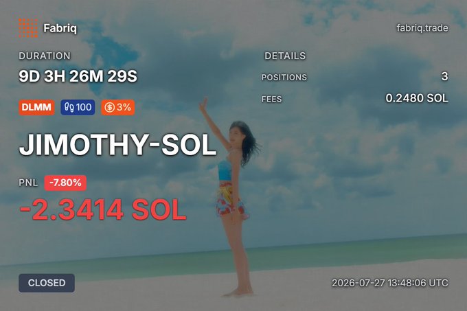 A Fabriq trading summary for the "JIMOTHY-SOL" pair shows a duration of "9D 3H 26M 29S" and a PNL of "-2.3414 SOL", set against a beach scene with a woman raising her arm.