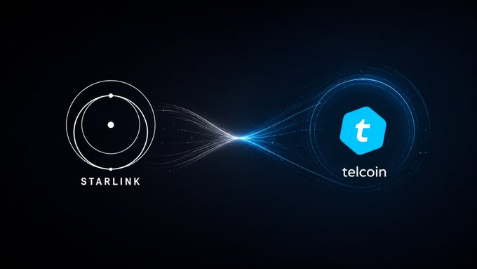 The image displays the Starlink logo (a circular orbital design) on the left and the Telcoin logo (a blue hexagon with a "t" and the word "telcoin") on the right, connected by glowing light streaks against a dark background. The visual symbolizes a partnership or conceptual link between Starlink's satellite connectivity and Telcoin as a potential telecom-native financial layer, reinforcing the post's speculation that Telcoin could serve as the money infrastructure for Starlink Mobile's expanding direct-to-phone services.