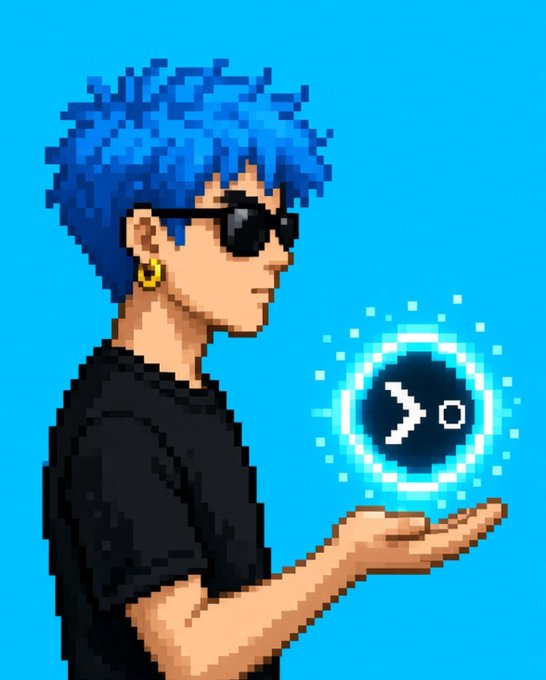 A pixel art illustration of a person with blue hair, sunglasses, and a gold earring holding a glowing blue orb containing a terminal command prompt symbol against a bright blue background.