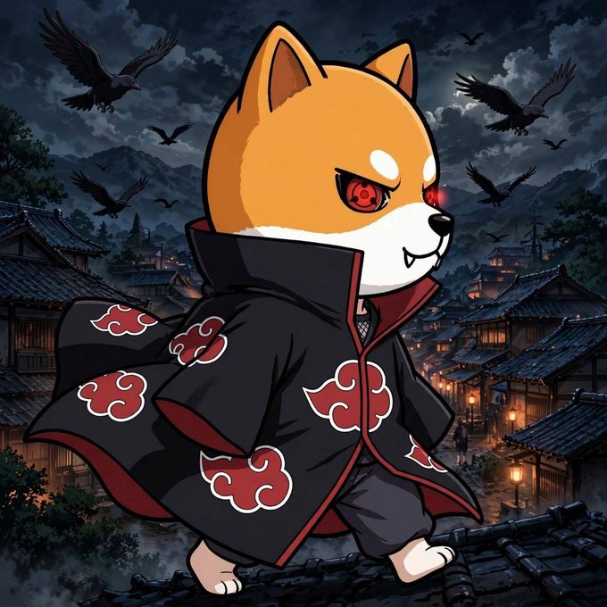 A chibi-style Shiba Inu with glowing red eyes and a fanged smirk stands menacingly on a tiled rooftop, wearing the iconic black Akatsuki cloak adorned with red cloud patterns, as crows circle overhead against a dark, feudal Japanese village backdrop. The image embodies the "Baby" Doge persona stepping into the spotlight with a menacing, villainous edge, perfectly matching the ominous "Something brewing" caption that hints at an upcoming reveal or dramatic moment for the token.