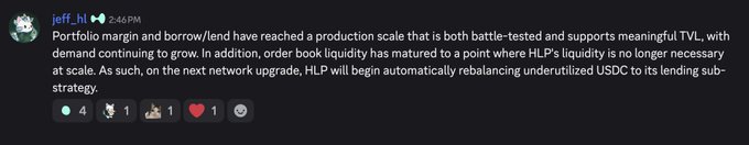 A Discord message from user jeff.hl posted at 2:46 PM states that HLP's order book liquidity has matured to the point where it will no longer be necessary at scale, so on the next network upgrade, HLP will begin automatically rebalancing underutilized USDC to its lending sub-strategy. The message, which has 4 reactions including a horse, thumbs-up, and red heart, directly relates to the announcement about HLP lending unused USDC to portfolio margin borrowers to generate additional yield.