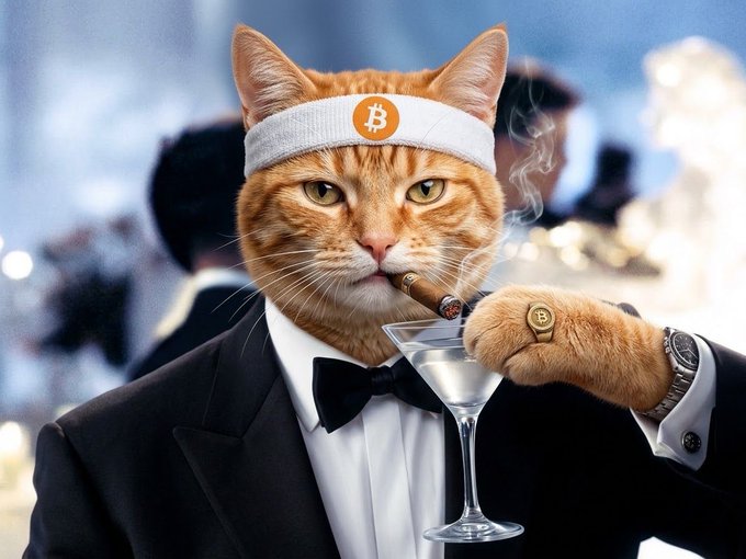 An orange cat wearing a tuxedo and a Bitcoin-themed headband holds a martini glass and a cigar in its paw, styled as a sophisticated crypto investor.