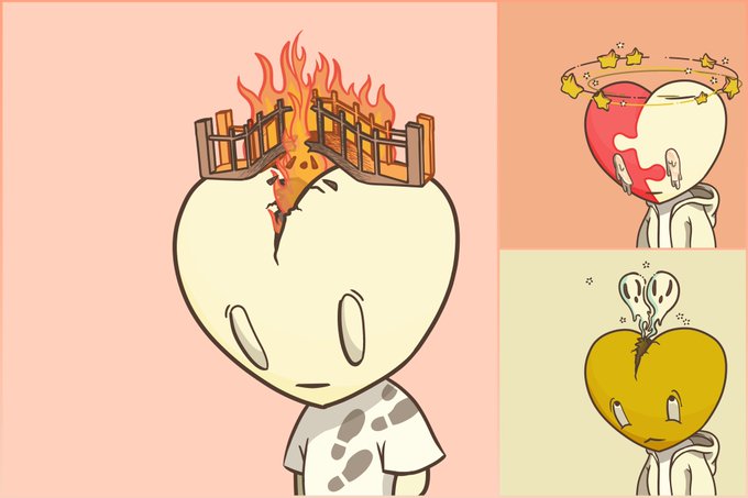 A cartoon illustration showing a cracked heart character with burning bridges on top of its head, depicted in three panels on a pink background.