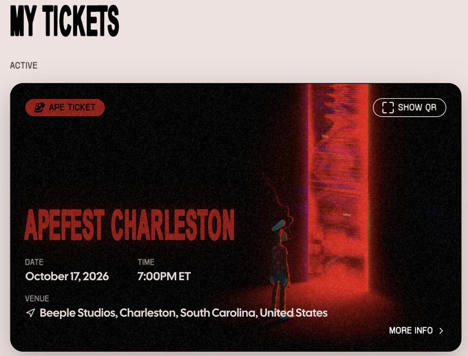 A 'MY TICKETS' app interface displaying an APE TICKET for 'APEFEST CHARLESTON' on October 17, 2026 at 7:00PM ET, held at Beeple Studios in Charleston, South Carolina.