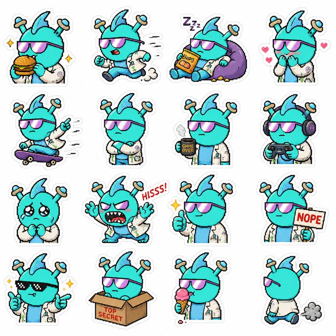 A sheet of 16 cartoon stickers featuring a teal alien-like character in sunglasses and a lab coat, showing various emotions and actions like skateboarding, gaming, and holding a 'NOPE' sign.