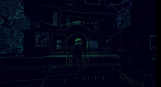 Edge-detected/neon-filtered image showing the outline of a large building (possibly Disney's Hollywood Tower Hotel) at night with a figure standing in the foreground, all rendered in glowing blue-green lines on black.