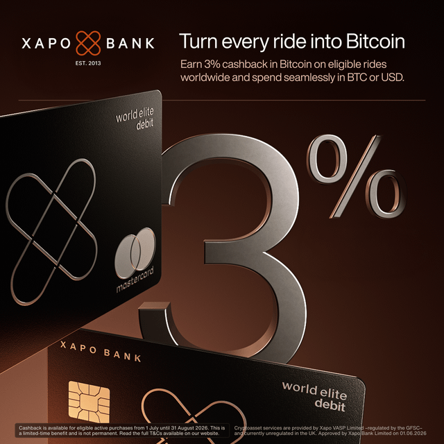 The image is a promotional advertisement for Xapo Bank's World Elite Debit Mastercard, featuring a sleek black metal card displayed alongside large metallic "3%" text, with the headline "Turn every ride into Bitcoin" and details about earning 3% cashback in Bitcoin on eligible rides worldwide, directly supporting the post about the limited-time 3% Bitcoin cashback offer on global taxi and rideshare spending through July and August.