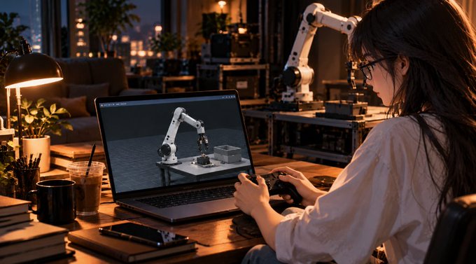 An anime-style illustration of a young woman with glasses working on a laptop showing a robotic arm simulation, in a cozy workspace with a real robotic arm in the background and a drink on the desk.
