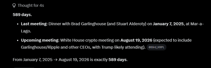 The image shows a tweet highlighting the 589-day gap between Brad Garlinghouse's last dinner with Stuart Alderoty on January 7, 2025, and his upcoming White House crypto meeting with Trump on August 19, 2026. The post, tagging @bgarlinghouse, emphasizes this notable timeframe between Ripple's personal meeting and the high-profile crypto industry gathering.