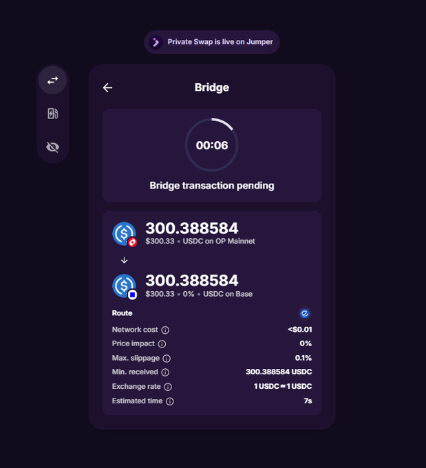 Jumper exchange interface showing a pending bridge transaction of 300.388584 USDC from OP Mainnet to Base.
