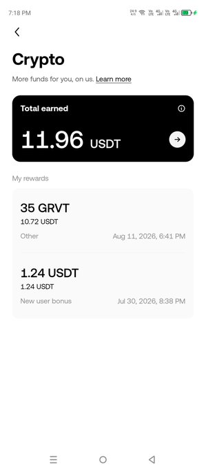A screenshot of a Crypto rewards screen showing a total earned balance of 11.96 USDT, with rewards including 35 GRVT (10.72 USDT) from Aug 11, 2026, and 1.24 USDT new user bonus from Jul 30, 2026.