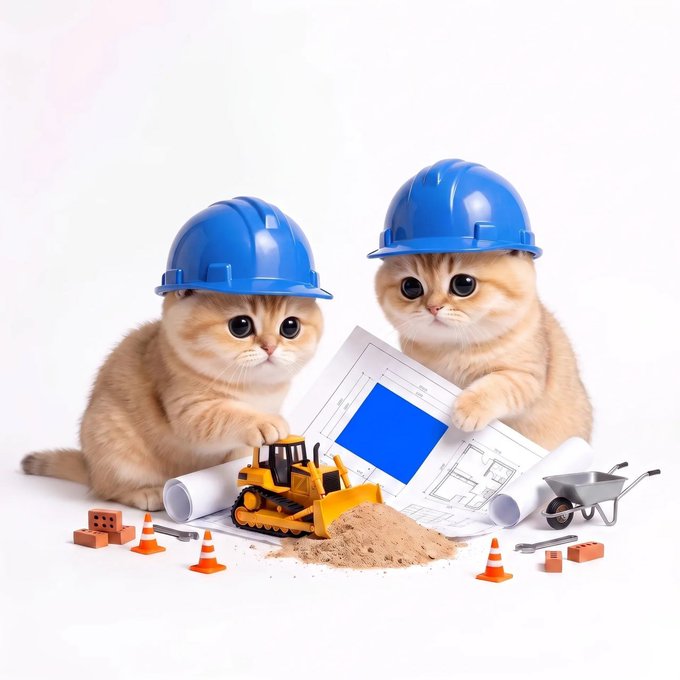 Two adorable orange kittens wearing blue construction helmets paw through blueprints and toy construction equipment, playfully illustrating the whimsical idea of using building plans to construct something at @coinbase.