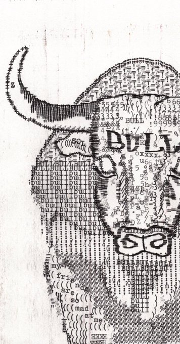 Detailed black-and-white typographic illustration of a bull's head composed of text, letters, numbers, and ASCII patterns.