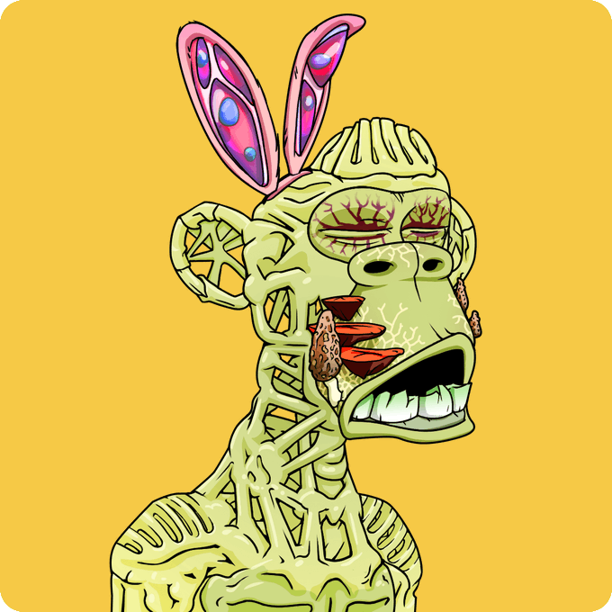 An illustrated skeletal green ape with pink bunny ears and bloodshot eyes, smoking a lit cigar against a yellow background.