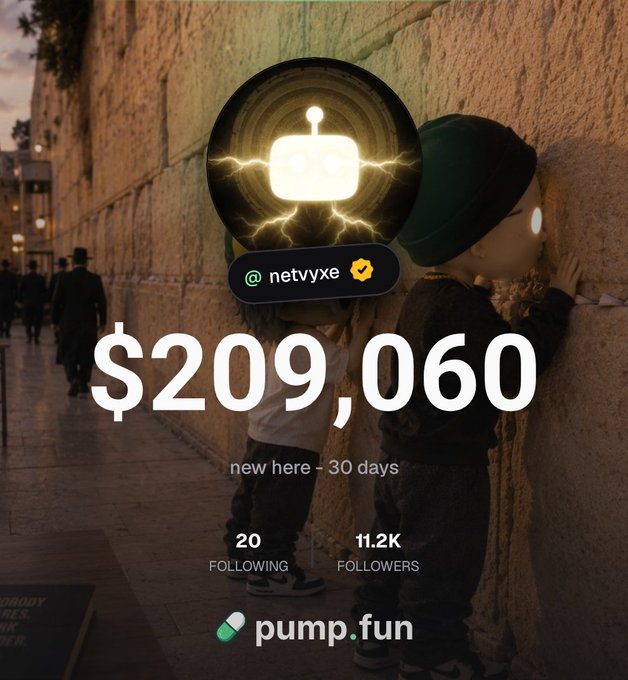 A social media post celebrating "@netvyxe" reaching $209,060 in earnings on pump.fun after 30 consecutive days of activity, featuring 11.2K followers and 20 following, with an announcement of an upcoming small airdrop for fans who share their nicknames.
