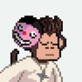 A pixel art image shows a person in religious robes with a pink brain-headed figure perched on their shoulder, blending symbols of faith and intellect. The "Gm, big week" caption pairs a crypto-friendly morning greeting with the surreal art to hype an upcoming week.