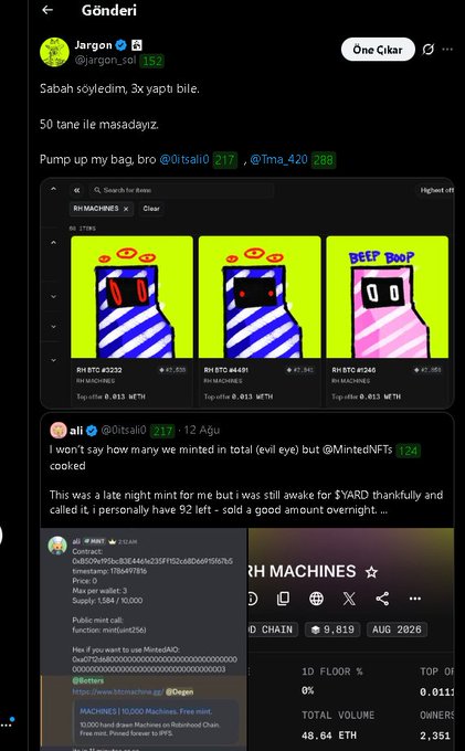 A screenshot of a tweet from "Jargon" (@jargon_sol) with 152 likes, referencing a collab with @0itsali0 and @Tma_420 on a 50-piece RH Machines NFT collection (priced at 0.013 ETH each), followed by a follow-up tweet from "ali" (@0itsali0) stating they've minted 10,000 of 10,000 hood-drawer machines on Bitshield Chain early in the morning for $YARD, with the project showing 9,819 holders and 48.64 ETH total volume. The image ties to the accompanying post by showcasing the RH Machines NFT drop that's drummed up community excitement, though the main poster appears to be calling out a key collaborator for what they see as insufficient contribution to the project.