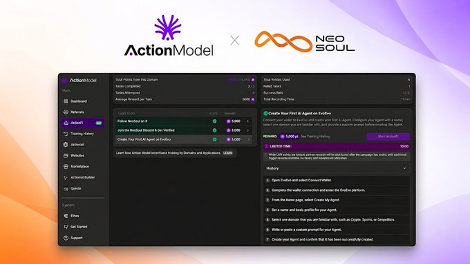 A screenshot of a dashboard interface for 'ActionModel × NEO SOUL', displaying menus for Dashboard, Referrals, Actions, Training History, and a guide for creating an AI Agent on Evolve with 5,000 pt points.