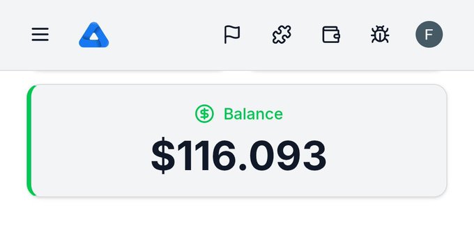 A digital wallet or financial app interface displays a balance of $116.093 in green, reflecting earnings over the $100 milestone mentioned in the post. The screenshot shows navigation icons along the top, including a profile labeled "F," supporting the celebratory tone about surpassing the $100 mark.