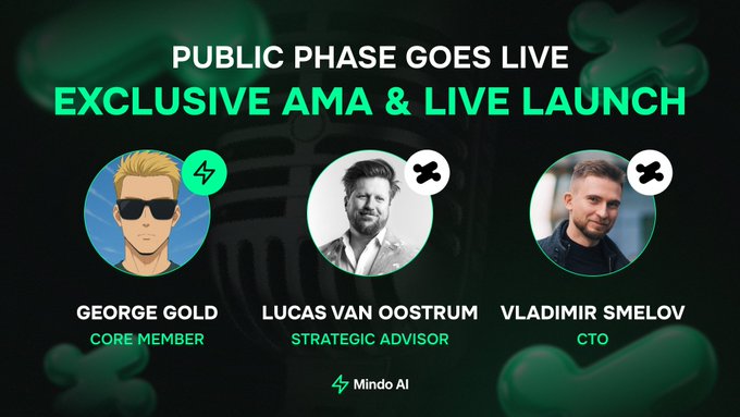 A promotional graphic for Mindo AI announcing an 'Exclusive AMA & Live Launch' featuring George Gold (Core Member), Lucas Van Oostrum (Strategic Advisor), and Vladimir Smelov (CTO).