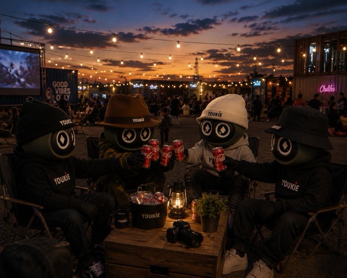 Four figures in black hoodies and bucket hats, all branded with "YOUKIE," clink Coca-Cola cans around a small wooden table at an outdoor evening gathering strung with warm string lights, with a "GOOD VIBES ONLY" sign and a neon "Chill" sign visible in the background.

The image contrasts the hidden complexity of cross-chain infrastructure (represented by the masked, uniform "YOUKIE" characters) with the simple, seamless social experience users actually want — clinking drinks and enjoying the moment, which mirrors the post's point that great infrastructure should fade into the background so people can focus on living, not troubleshooting.