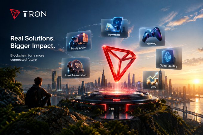 Promotional image for Tron blockchain, featuring the headline 'Real Solutions. Bigger Impact.' and 'Blockchain for a more connected future,' with a glowing red Tron logo surrounded by icons for Payments, Supply Chain, Gaming, Asset Tokenization, Digital Identity, and DeFi against a cityscape at sunset.