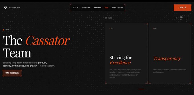The image shows the "Cassator Corp" Team webpage, featuring a dark-themed interface with navigation links for "SLS," "Investors," "Newsroom," "Team," and "Trust Center," alongside a "JOIN US" button. The page highlights the heading "The *Cassator* Team" with the tagline "Building long-term infrastructure: product, security, compliance, and growth – in one system," and includes two sections titled "Striving for *Excellence*" and "*Transparency*." This aligns with the post's emphasis on examining a project's development journey and steady growth, as the page showcases the team's commitment to long-term infrastructure, compliance, and transparent operations.
