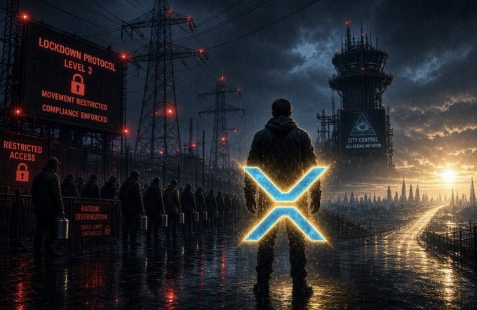 A dystopian digital artwork showing a hooded figure with a glowing blue XRP symbol on their back, facing a restricted access checkpoint with signs reading 'LOCKDOWN PROTOCOL LEVEL 3,' 'MOVEMENT RESTRICTED,' 'COMPLIANCE ENFORCED,' and 'CITY CONTROL.'