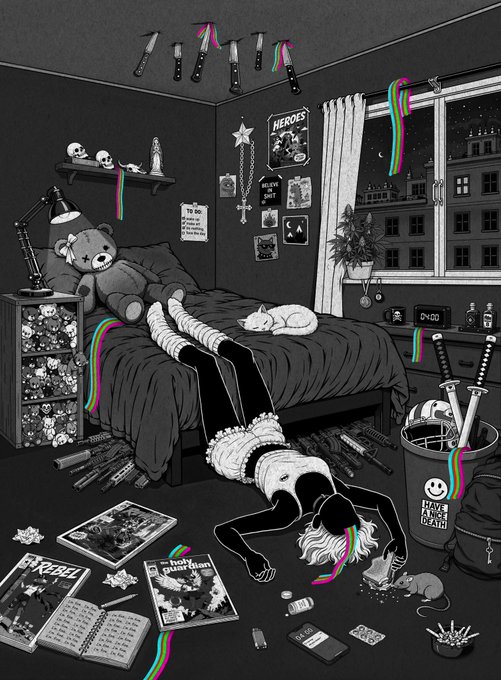 A black and white illustration of a chaotic bedroom scene featuring a figure hanging upside down from a bed, surrounded by knives, skulls, a teddy bear, and various dark objects, with colorful glitch-like streaks throughout.